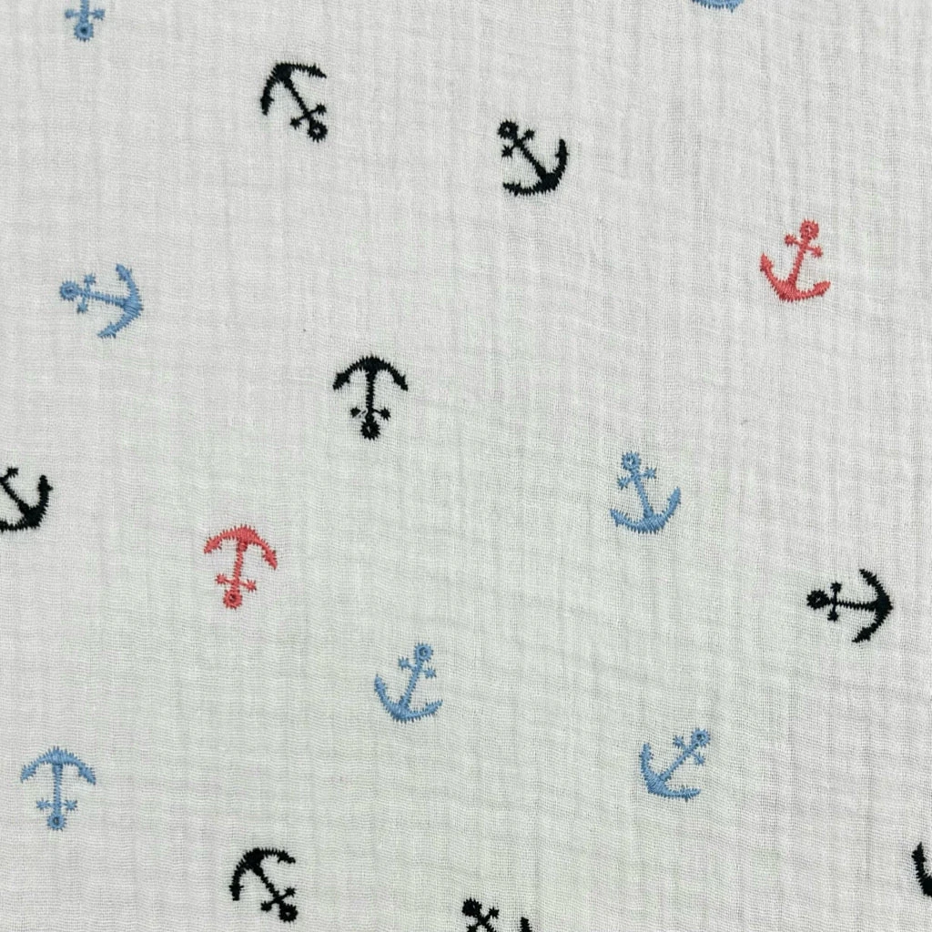 Soft Embroidered Anchor Nautical Double Gauze Cotton Fabric - Ivory 1 Soft Embroidered Anchor Nautical Double Gauze Cotton Fabric - Ivory
