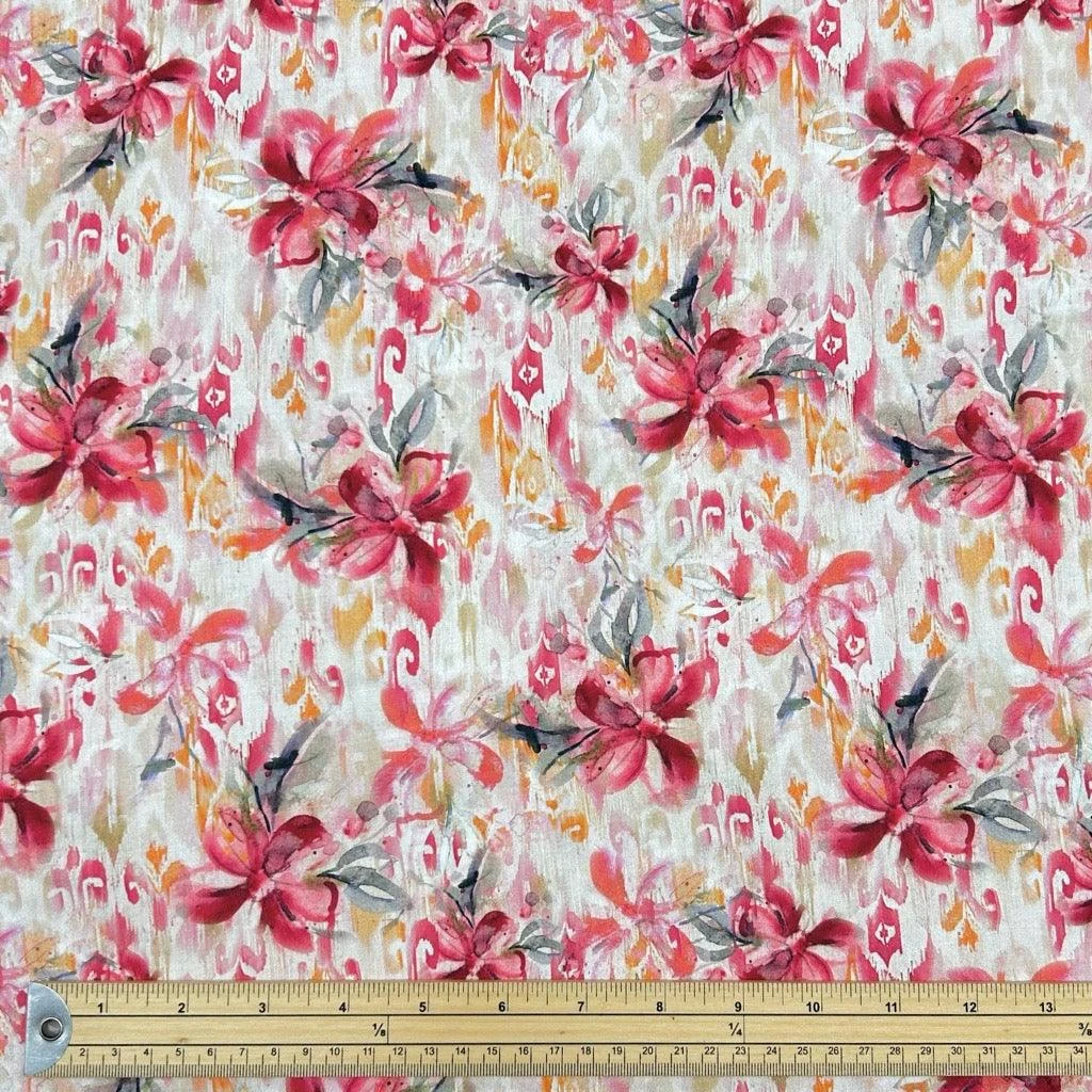 Floral Viscose Challis Fabric - Pink & Red Digital Print Rayon 2 Floral Viscose Challis Fabric - Pink & Red Digital Print Rayon - Image 2