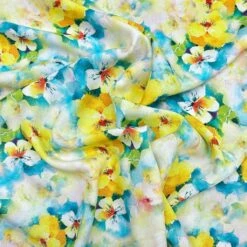Floral Viscose Challis Fabric - Blue and Yellow Blooms Premium Rayon Material -Pound Fabrics Sale Store 06BC842F DE46 4AD3 93B1 065048C3D891