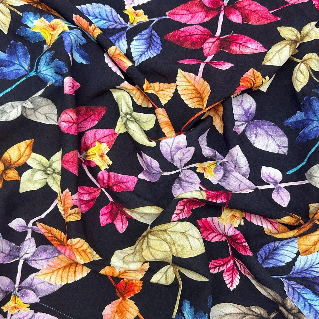 Leafy Garden Black Viscose Challis Fabric for Summer Dressmaking 3 Leafy Garden Black Viscose Challis Fabric for Summer Dressmaking - Image 3