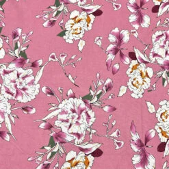 Floral Viscose Linen Fabric - Premium Pink Flower Print Summer Material