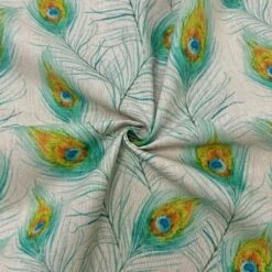 Peacock Feather Digital Linen Look Polycotton Fabric for Curtains & Crafts