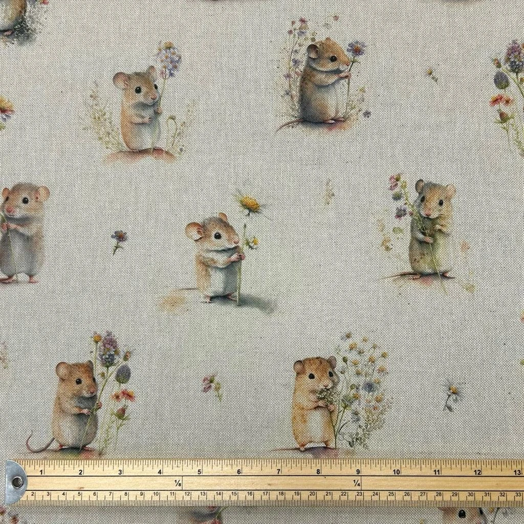 Field Mouse Print Linen Look Polycotton Fabric for Curtains and Crafts 2 Field Mouse Print Linen Look Polycotton Fabric for Curtains and Crafts - Image 2