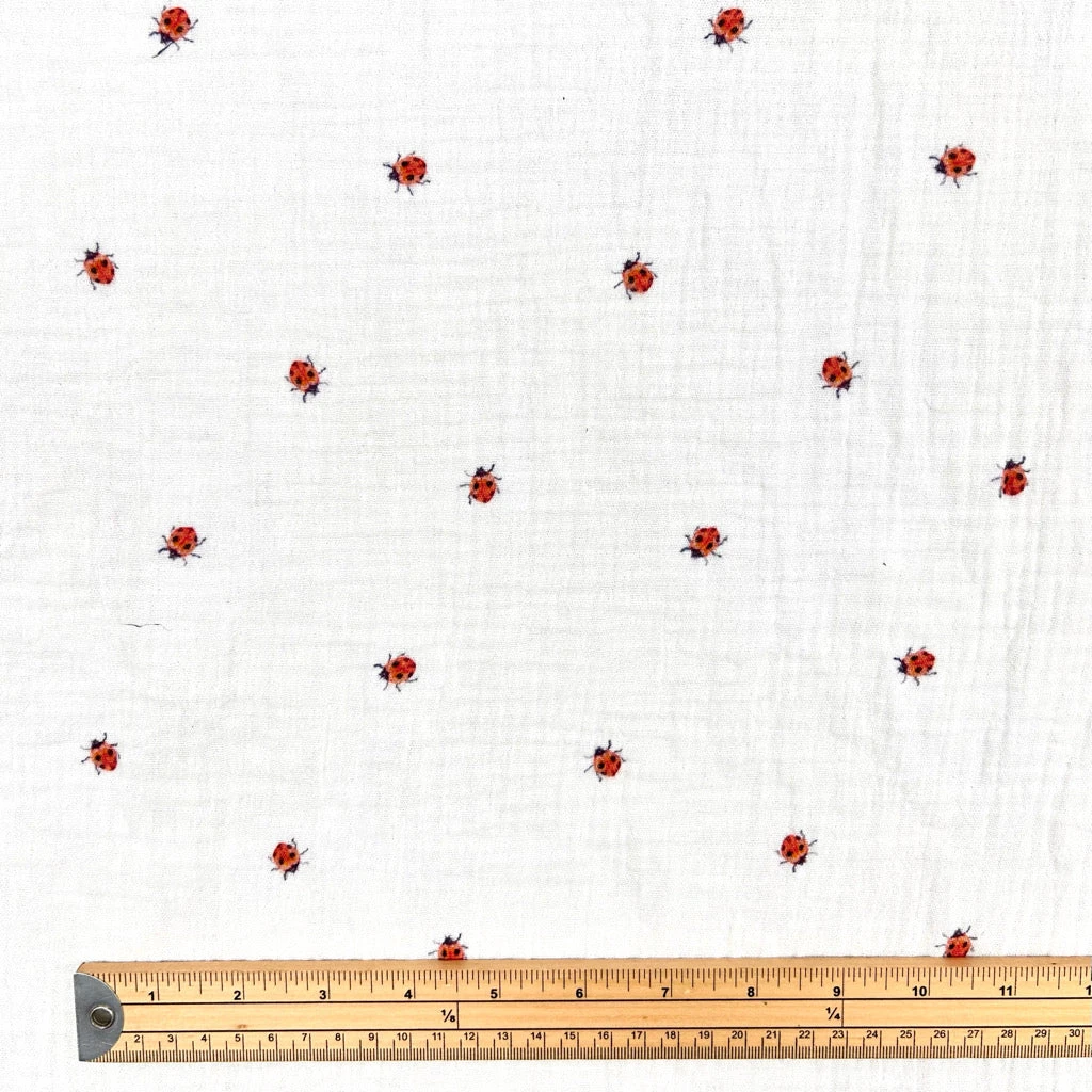 Ladybird Lane Double Gauze Fabric: Ivory Ladybird Print Cotton Muslin 2 Ladybird Lane Double Gauze Fabric: Ivory Ladybird Print Cotton Muslin - Image 2
