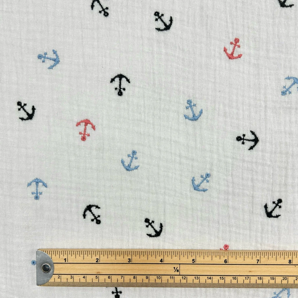 Soft Embroidered Anchor Nautical Double Gauze Cotton Fabric - Ivory 2 Soft Embroidered Anchor Nautical Double Gauze Cotton Fabric - Ivory - Image 2