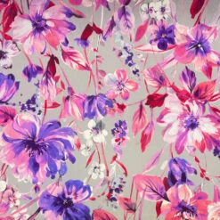 Floral Gardens on Grey Linen Blend Fabric for Dressmaking