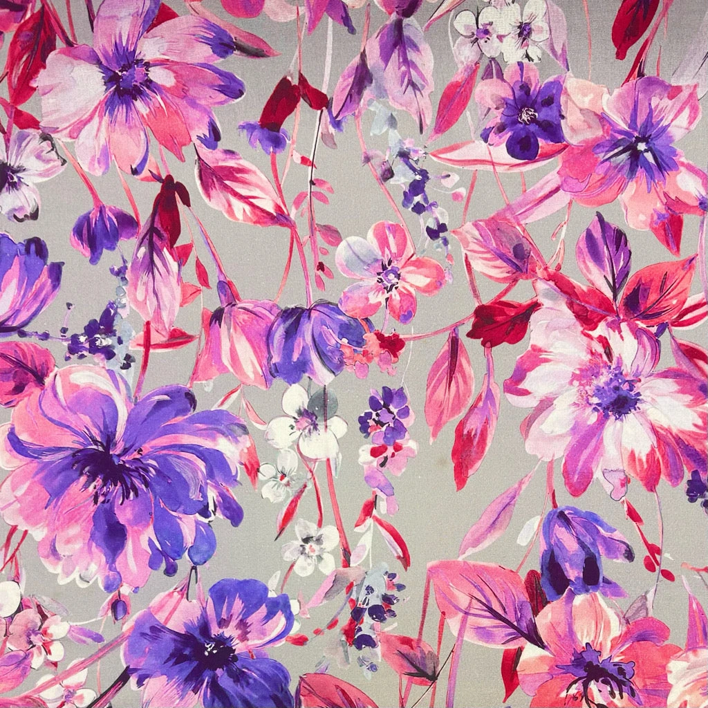 Floral Gardens on Grey Linen Blend Fabric for Dressmaking 1 Floral Gardens on Grey Linen Blend Fabric for Dressmaking