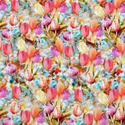 Viscose Challis Fabric - Vibrant Tulip Garden Floral Print for Summer Sewing