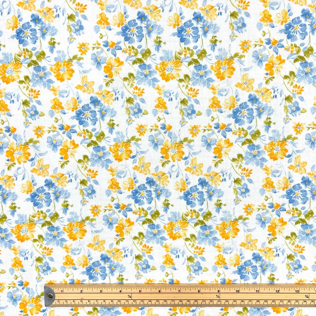 Blue and Yellow Blossom 100% Cotton Double Gauze Fabric 2 Blue and Yellow Blossom 100% Cotton Double Gauze Fabric - Image 2