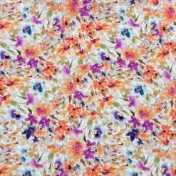 Orange and Purple Meadow Floral Viscose Challis Fabric - 58" Wide