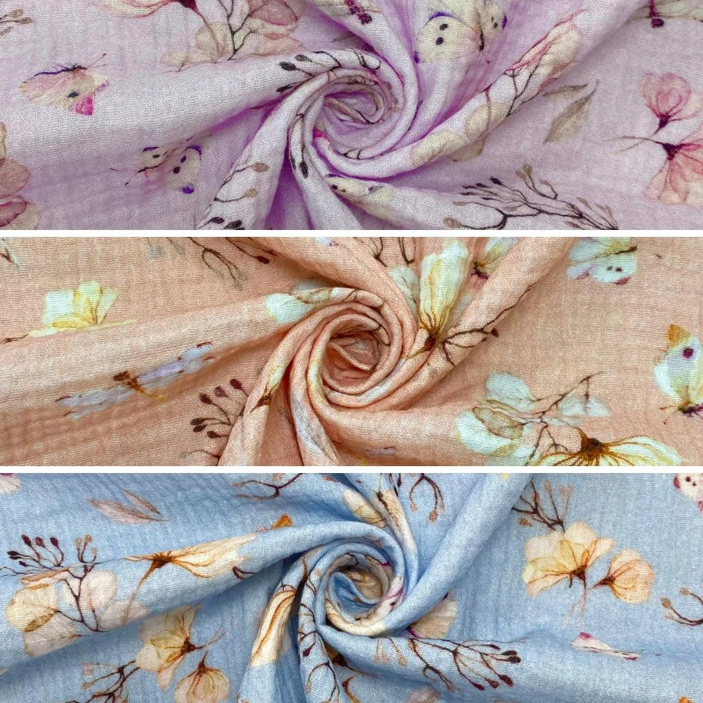 Floral & Butterfly Cotton Double Gauze Fabric 1 Floral & Butterfly Cotton Double Gauze Fabric