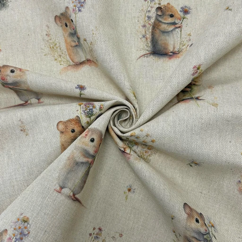 Field Mouse Print Linen Look Polycotton Fabric for Curtains and Crafts 1 Field Mouse Print Linen Look Polycotton Fabric for Curtains and Crafts