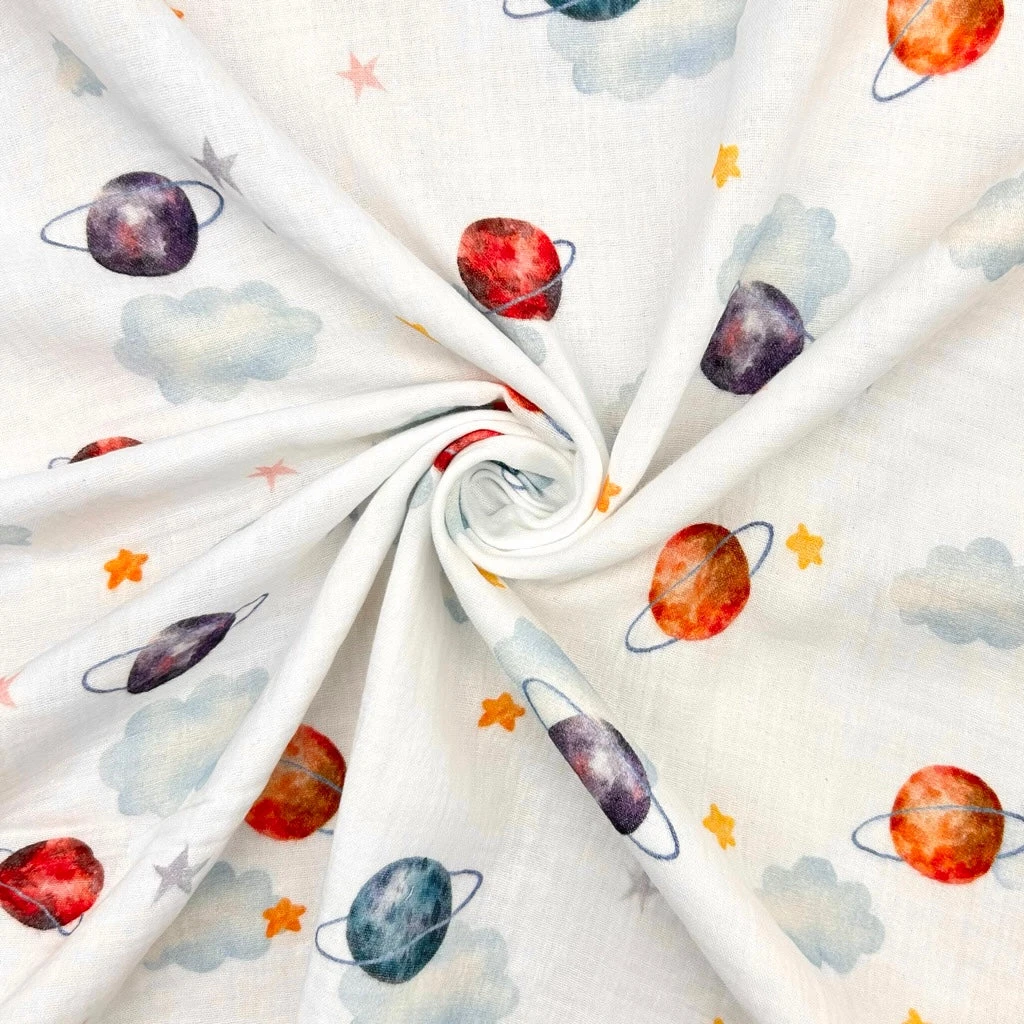 Planets Print Double Gauze Fabric - 100% Cotton Soft Muslin 3 Planets Print Double Gauze Fabric - 100% Cotton Soft Muslin - Image 3