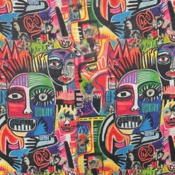Urban Faces Premium Faux Silk Fabric - Vibrant Multicoloured Print