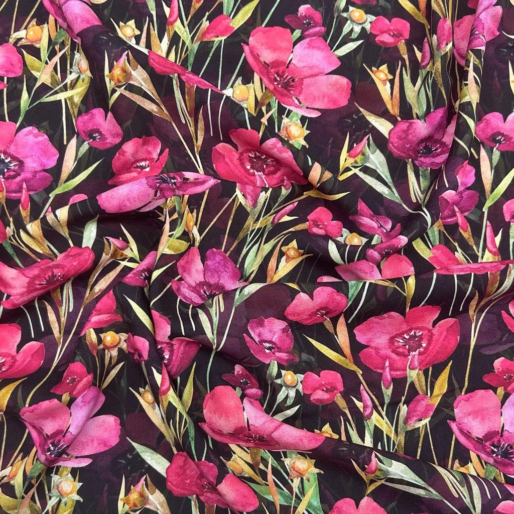 Floral Viscose Challis Fabric - Pink and Purple Flowers on Black Rayon 3 Floral Viscose Challis Fabric - Pink and Purple Flowers on Black Rayon - Image 3