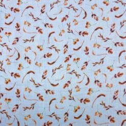 Premium Brown Leaves on Blue Double Gauze Cotton Fabric