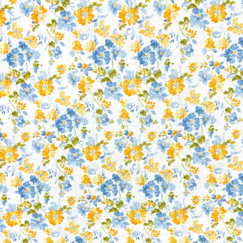 Blue and Yellow Blossom 100% Cotton Double Gauze Fabric 1 Blue and Yellow Blossom 100% Cotton Double Gauze Fabric