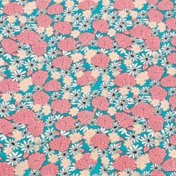 Floral Teal Crepe Fabric - Pink & White Flower Lightweight Polyester