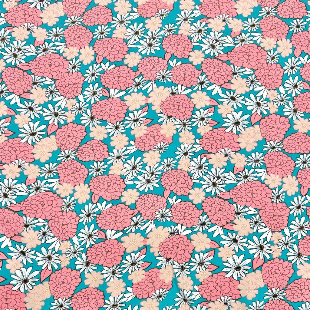 Floral Teal Crepe Fabric - Pink & White Flower Lightweight Polyester 1 Floral Teal Crepe Fabric - Pink & White Flower Lightweight Polyester