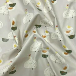 Waterproof Raincoat Fabric with Hens & Eggs Print - Light Beige PU Coated Polyester