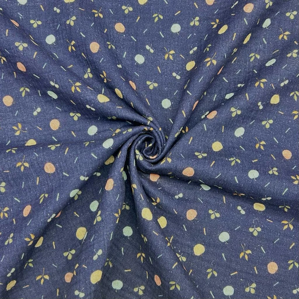 Navy Double Gauze Fabric with Mini Fruit Print - 100% Soft Cotton Muslin 3 Navy Double Gauze Fabric with Mini Fruit Print - 100% Soft Cotton Muslin - Image 3