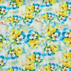 Floral Viscose Challis Fabric - Blue and Yellow Blooms Premium Rayon Material