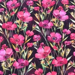 Floral Viscose Challis Fabric - Pink and Purple Flowers on Black Rayon