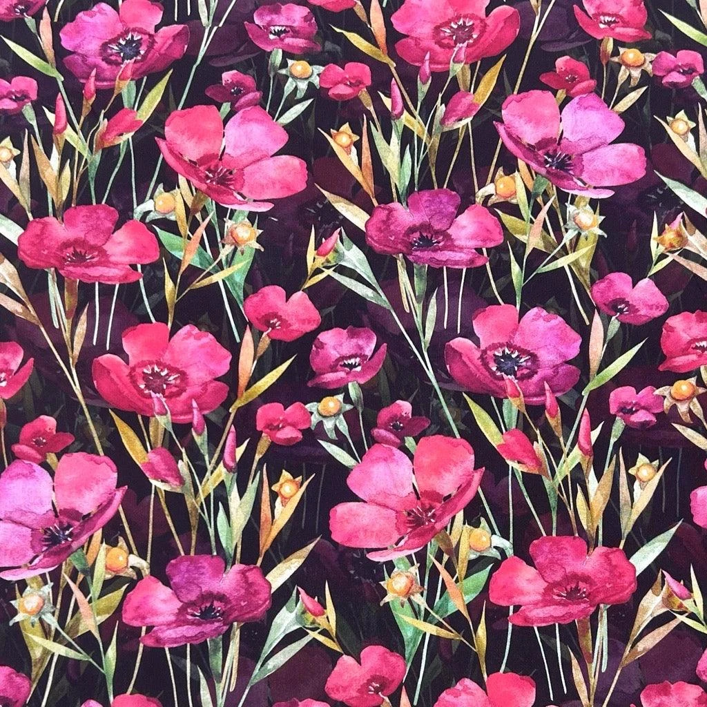 Floral Viscose Challis Fabric - Pink and Purple Flowers on Black Rayon 1 Floral Viscose Challis Fabric - Pink and Purple Flowers on Black Rayon