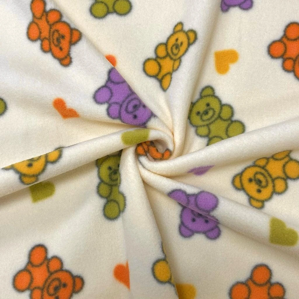 Gummy Bear & Hearts Anti Pill Polar Fleece Fabric - Cream 1 Gummy Bear & Hearts Anti Pill Polar Fleece Fabric - Cream