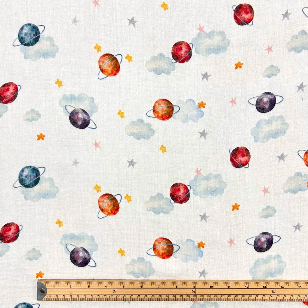 Planets Print Double Gauze Fabric - 100% Cotton Soft Muslin 2 Planets Print Double Gauze Fabric - 100% Cotton Soft Muslin - Image 2