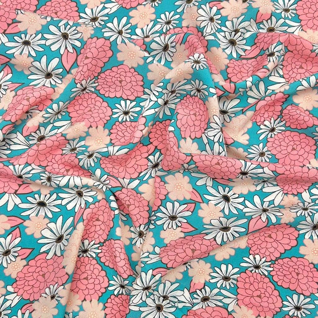 Floral Teal Crepe Fabric - Pink & White Flower Lightweight Polyester 3 Floral Teal Crepe Fabric - Pink & White Flower Lightweight Polyester - Image 3