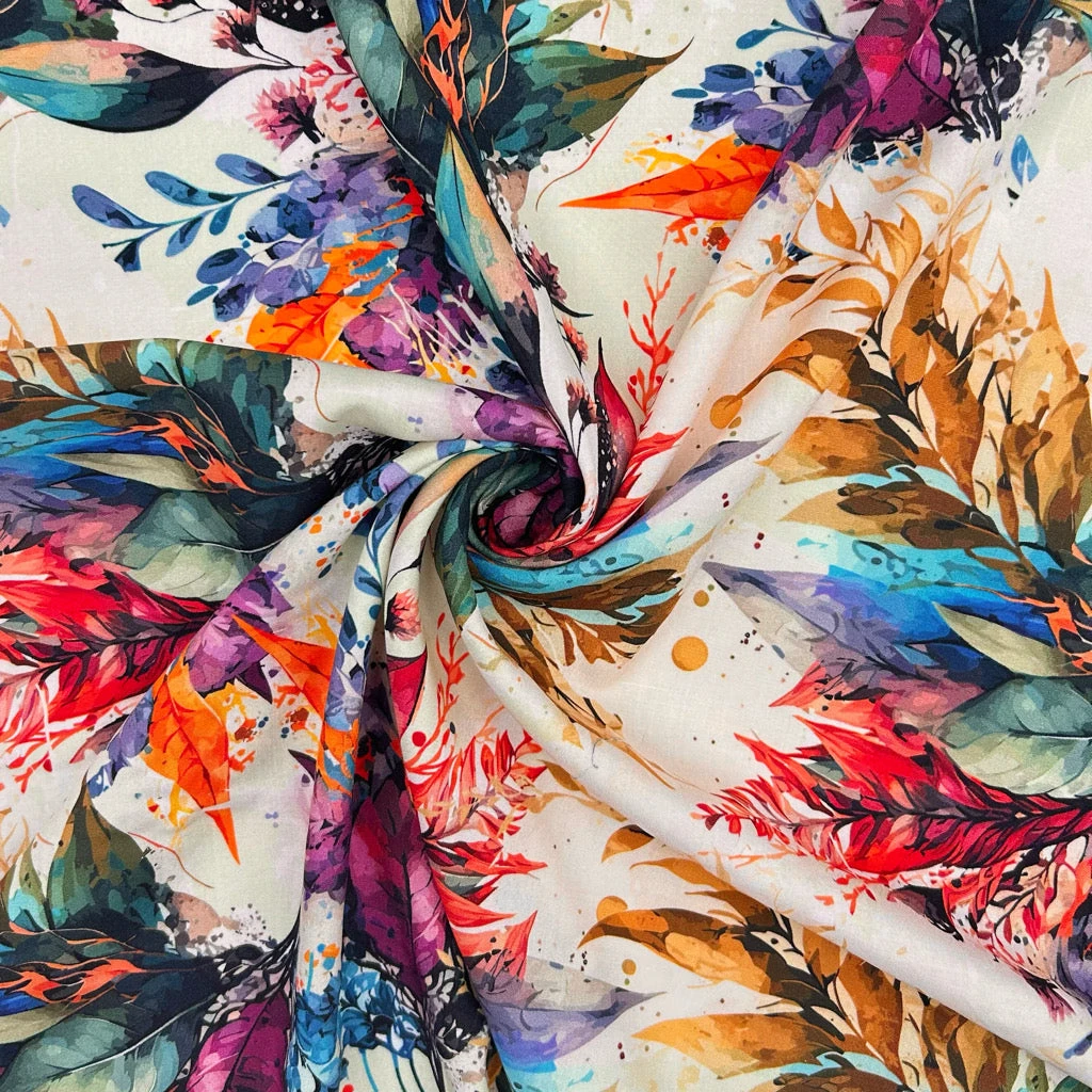 Multicolour Leaf Print Viscose Poplin Fabric for Dressmaking 3 Multicolour Leaf Print Viscose Poplin Fabric for Dressmaking - Image 3