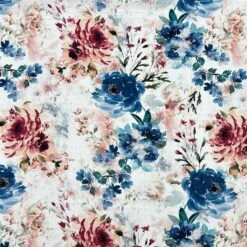 Premium Floral Viscose Challis Fabric - White & Blue Digital Print