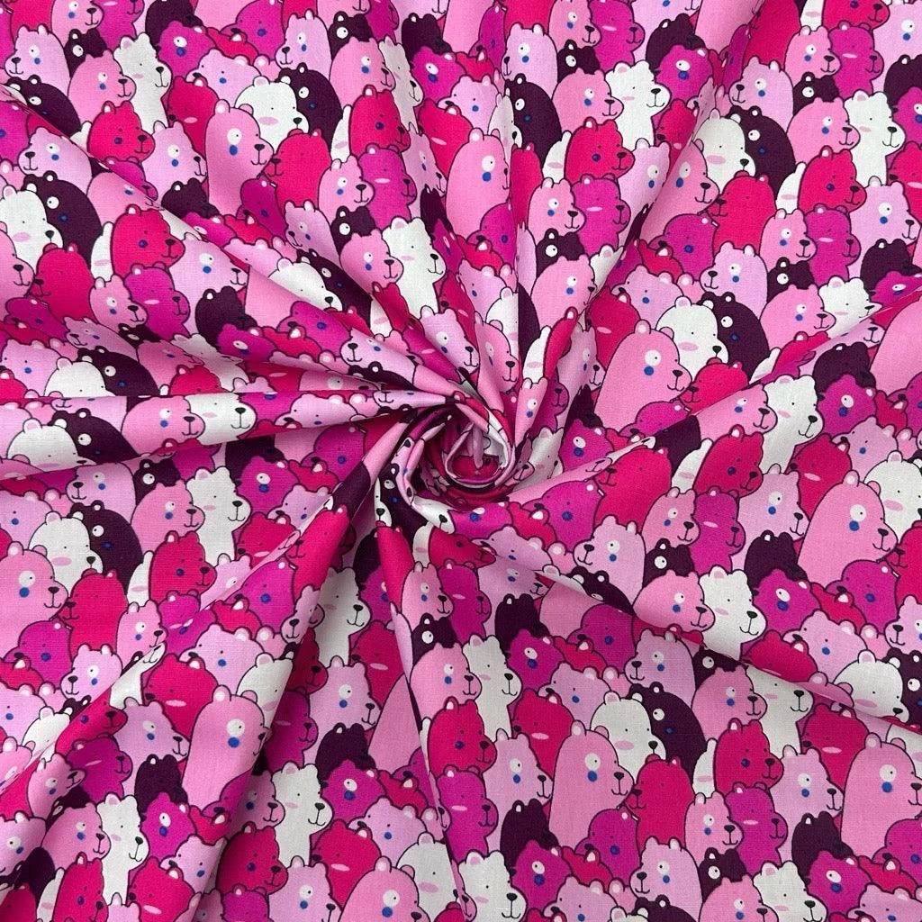 Rose & Hubble Pink Cartoon Bears 100% Cotton Poplin Fabric 1 Rose & Hubble Pink Cartoon Bears 100% Cotton Poplin Fabric