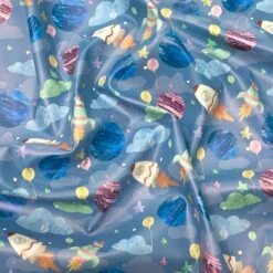 Waterproof Rocket Print Raincoat Fabric - Blue Sky PU Coated Polyester