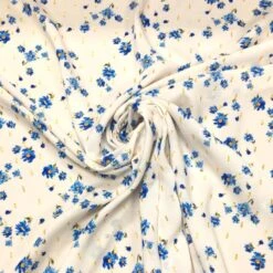 Blue Floral Viscose Challis Fabric with Gold Lurex Sparkle