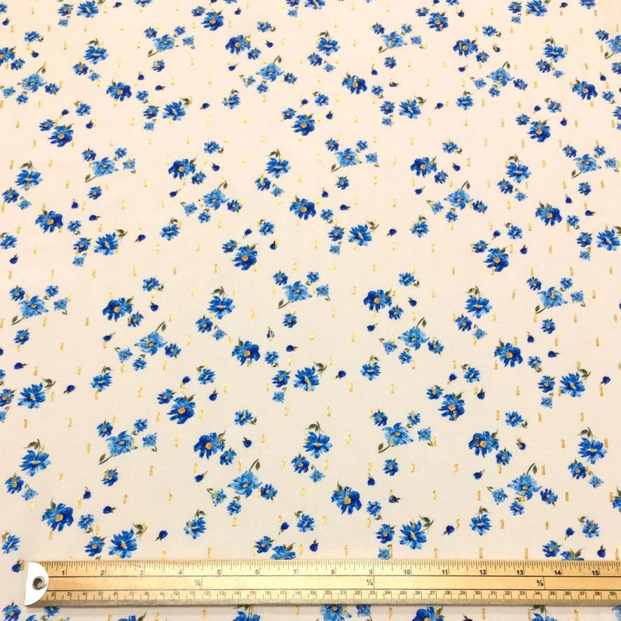 Blue Floral Viscose Challis Fabric with Gold Lurex Sparkle 2 Blue Floral Viscose Challis Fabric with Gold Lurex Sparkle - Image 2