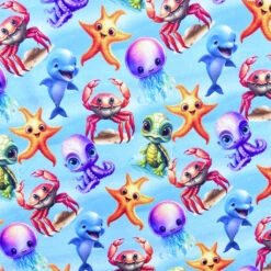 Sea Animal Print Cotton Towelling Fabric - Soft & Absorbent Aqua Buddies Design