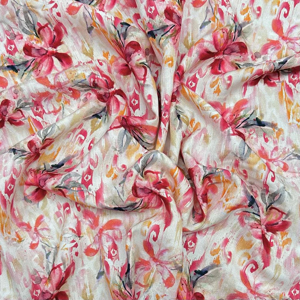 Floral Viscose Challis Fabric - Pink & Red Digital Print Rayon 3 Floral Viscose Challis Fabric - Pink & Red Digital Print Rayon - Image 3