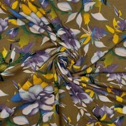 Floral Viscose Jersey Fabric - Purple & Yellow Flowers on Brown