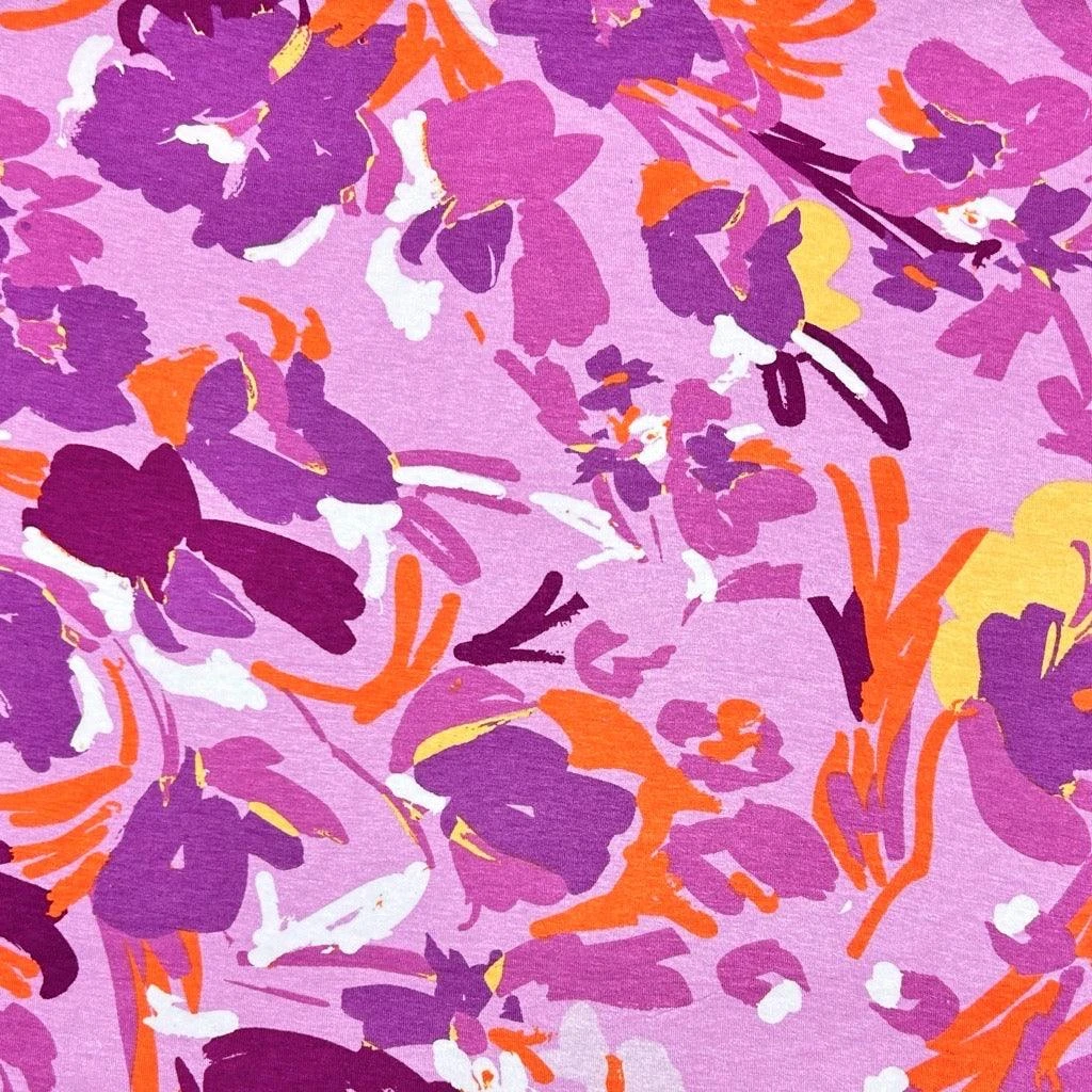 Premium Purple Painted Floral Viscose Jersey Fabric - 150cm Wide 1 Premium Purple Painted Floral Viscose Jersey Fabric - 150cm Wide