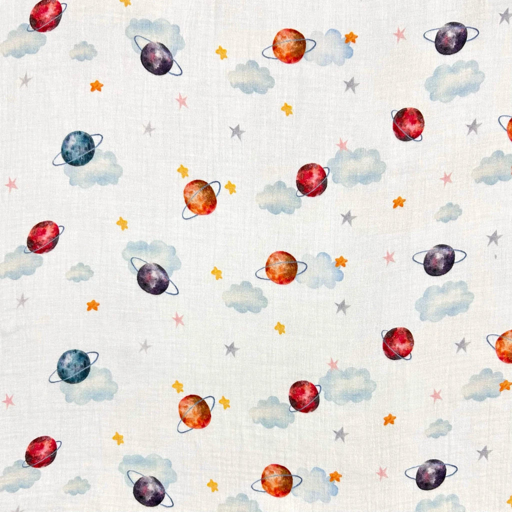 Planets Print Double Gauze Fabric - 100% Cotton Soft Muslin 1 Planets Print Double Gauze Fabric - 100% Cotton Soft Muslin