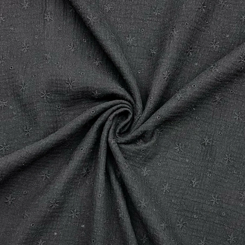 Black Floral Embroidered Double Gauze Fabric 1 Black Floral Embroidered Double Gauze Fabric