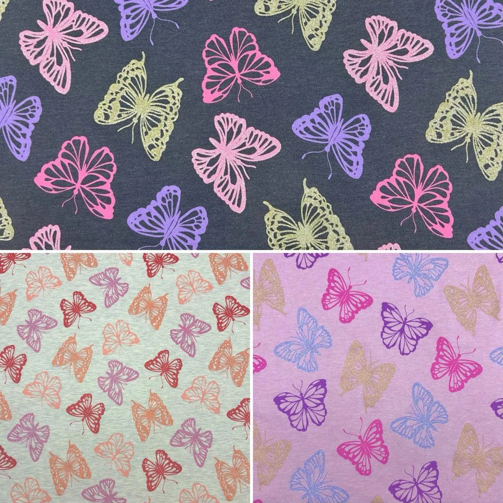 Glitter Butterfly Melange Cotton Jersey Fabric - Premium 4-Way Stretch Sewing Material 1 Glitter Butterfly Melange Cotton Jersey Fabric - Premium 4-Way Stretch Sewing Material