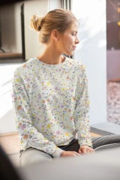 Premium Organic Cotton Sweatshirt Fabric with Fur-Like Lining - Fruit & Flower Print -Pound Fabrics Sale Store cute fruits flowers sweatshirt