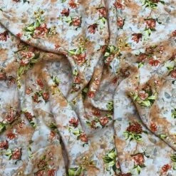 Floral Digital Print Viscose Challis Fabric - Warm Beige and White