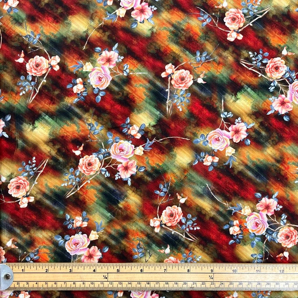 Floral Viscose Challis Fabric - Digital Flower Bunches in Burnt Orange & Khaki 2 Floral Viscose Challis Fabric - Digital Flower Bunches in Burnt Orange & Khaki - Image 2