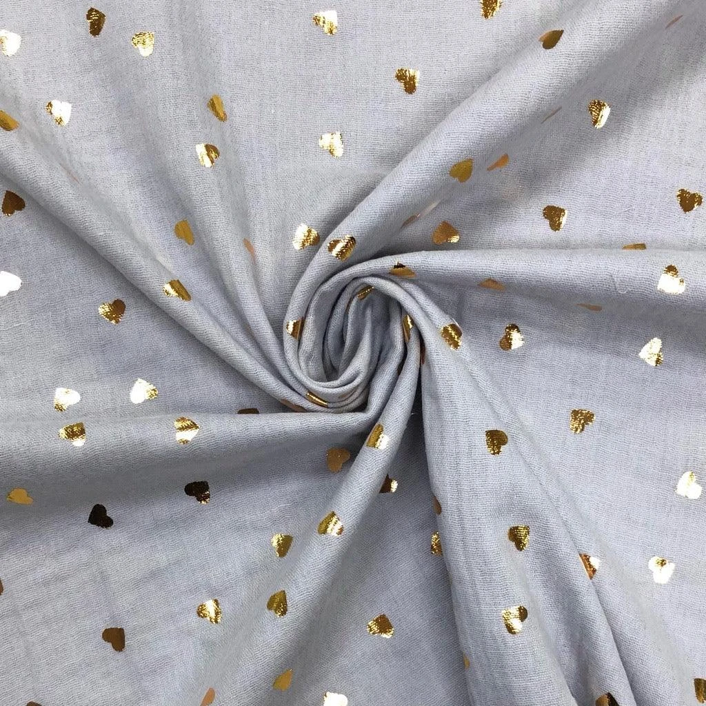 Gold Metallic Scattered Hearts Double Gauze Cotton Fabric 6 Gold Metallic Scattered Hearts Double Gauze Cotton Fabric - Image 6
