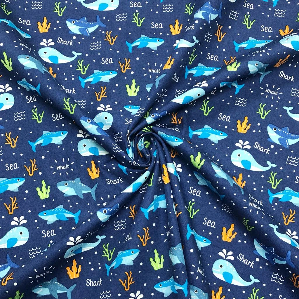 Rose & Hubble Blue Whales and Sharks Cotton Poplin Fabric 4 Rose & Hubble Blue Whales and Sharks Cotton Poplin Fabric - Image 4