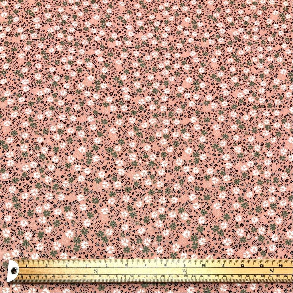 Peach Floral Crepe Fabric - Khaki and White Mini Flower Print 2 Peach Floral Crepe Fabric - Khaki and White Mini Flower Print - Image 2